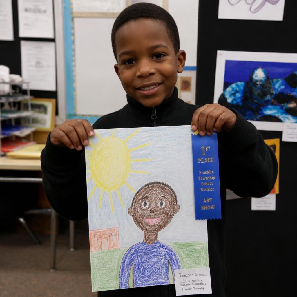 Kids in a live art class showcasing their drawings 1