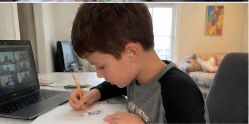 Kid attending a live online art class