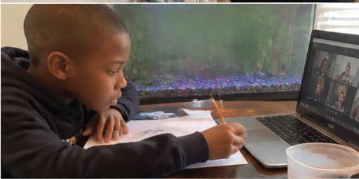 Kid attending a live online art class